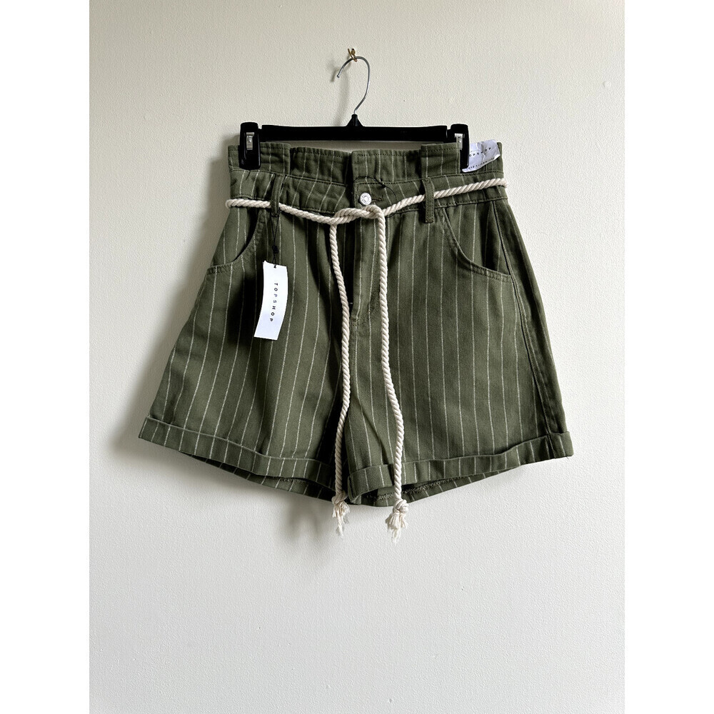 NWT Topshop Women's High Waist Rope Belt Green Stripe Paperbag Shorts pleated 4